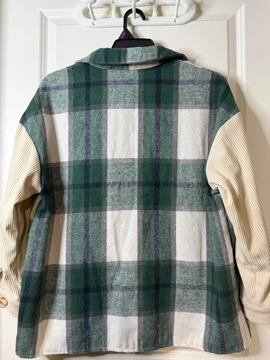 SHEIN Green, Cream and Gray Plaid Corduroy-Sleeve Button-Down Shacket - Picture 6 of 7